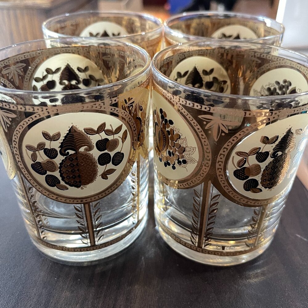 FRUIT FROSTED 22K CERA GLASS 8 OZ VINTAGE OLD FASHION WHISKY TUMBLER - 4 PACK